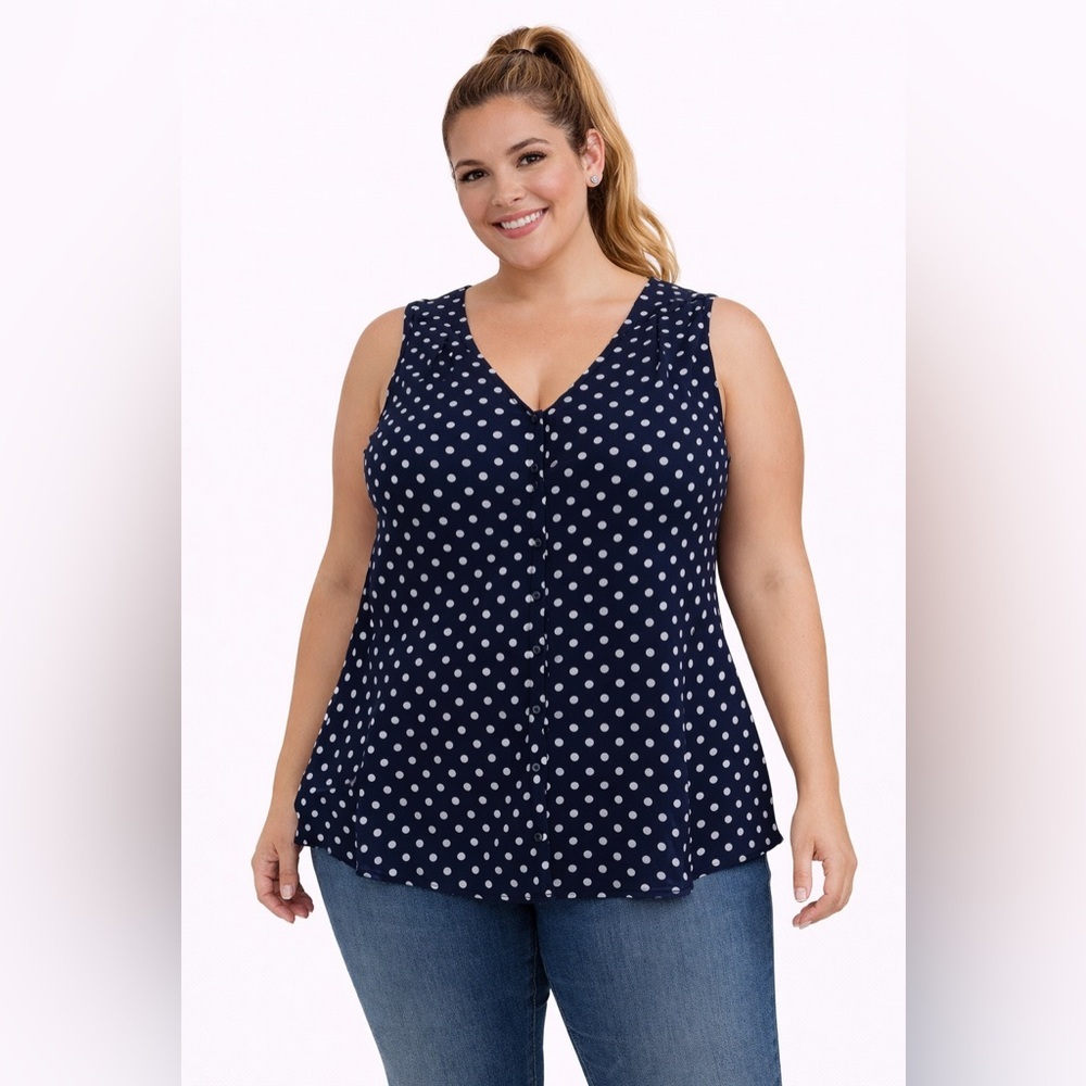 Adele & May navy with white polkadots tank top with sheer overlay sz 3x